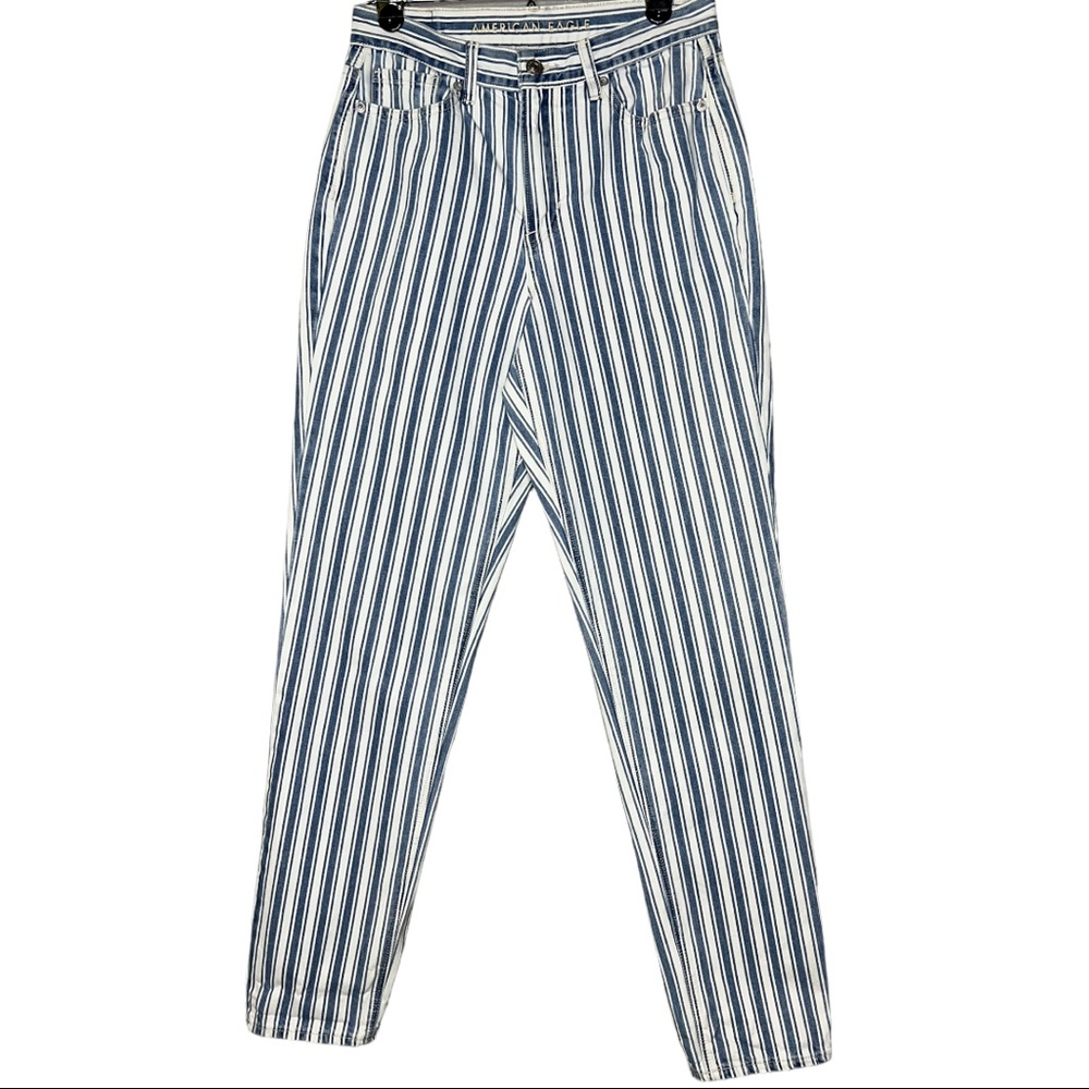 American eagle High rise striped white and blue mom Jean Size 4 X Tall